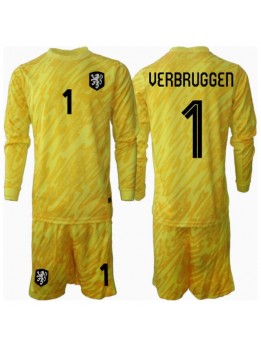 Nizozemska Bart Verbruggen #1 Golmanski Dječji Gostujuci Dres kompleti EP 2024 Dugim Rukavima (+ kratke hlače)